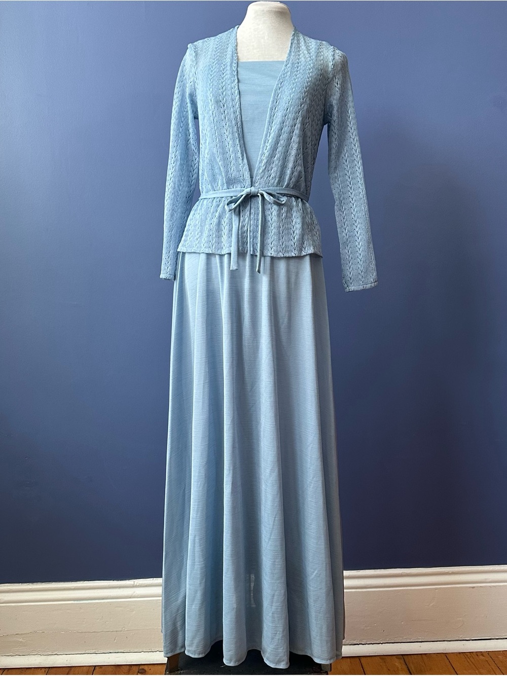 Vintage 70s Light Blue Maxi Dress with Lace Jacket